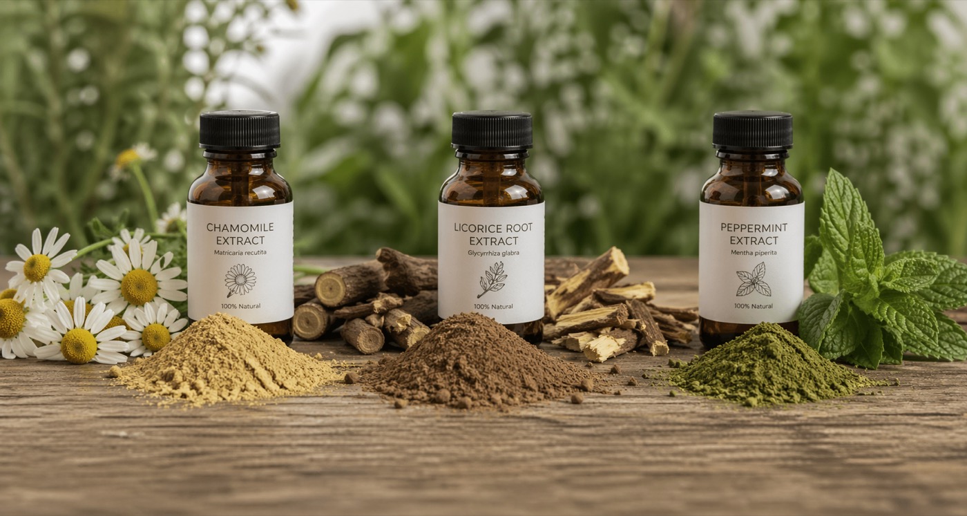 Chamomile, licorice root, and peppermint extracts arranged on a botanical set