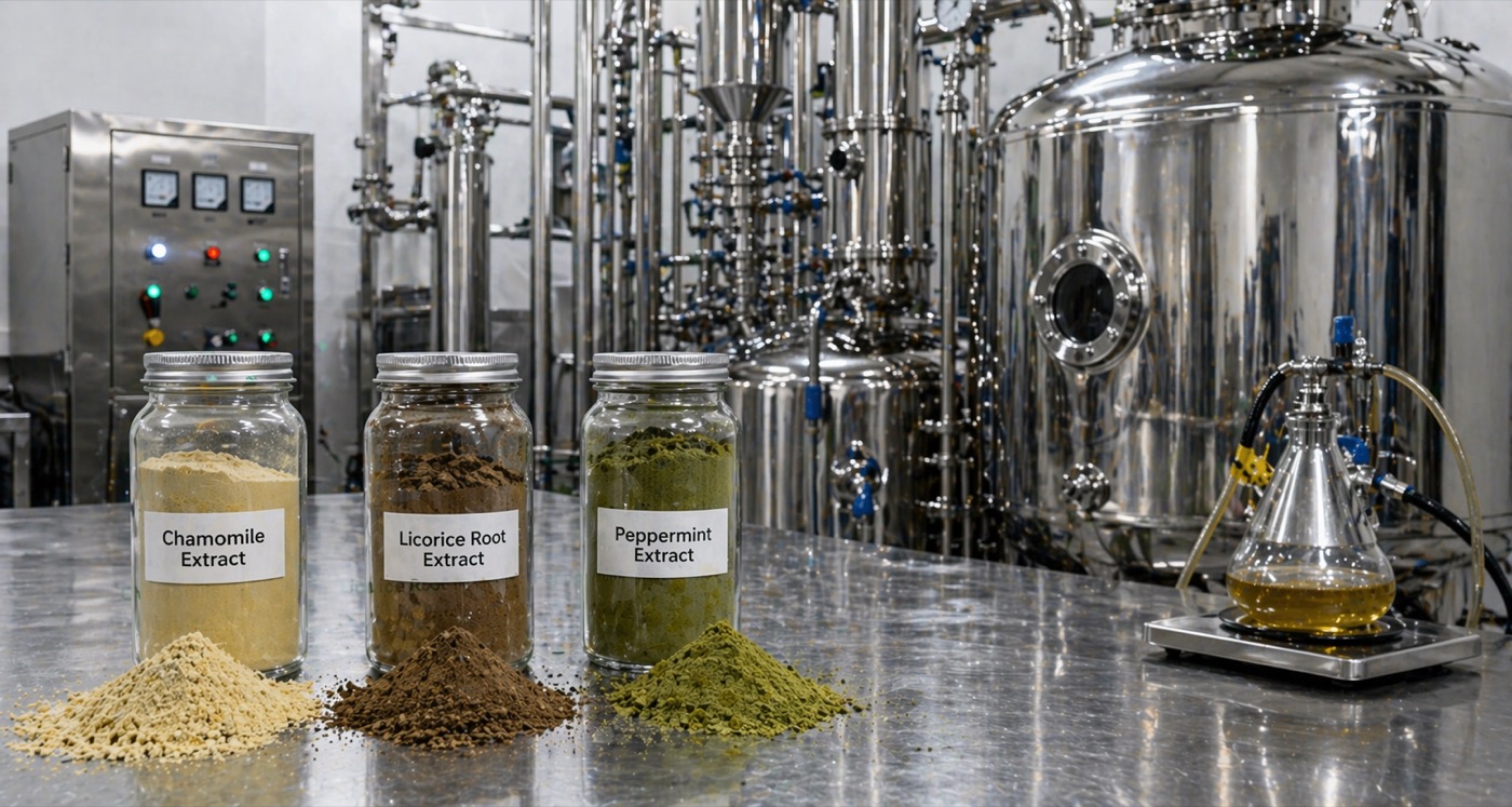 Laboratory-style production setup with botanical extract packaging