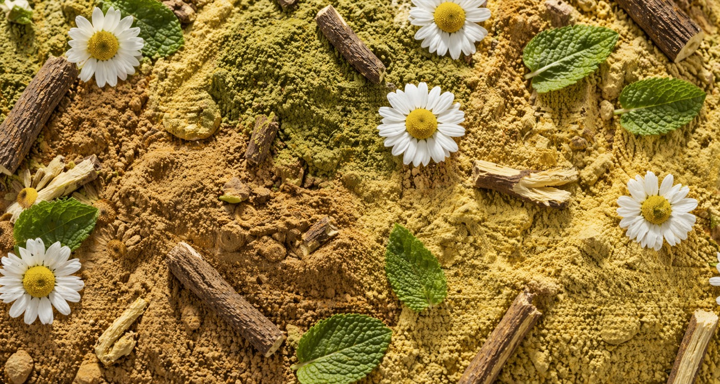 Botanical powder texture with chamomile flowers, mint leaves, and licorice root pieces